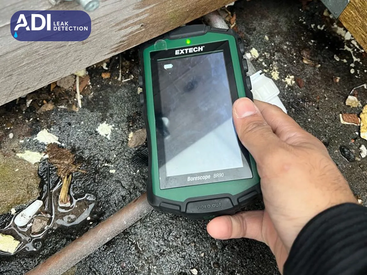 Extech borescope camera held at the base of an outside wall